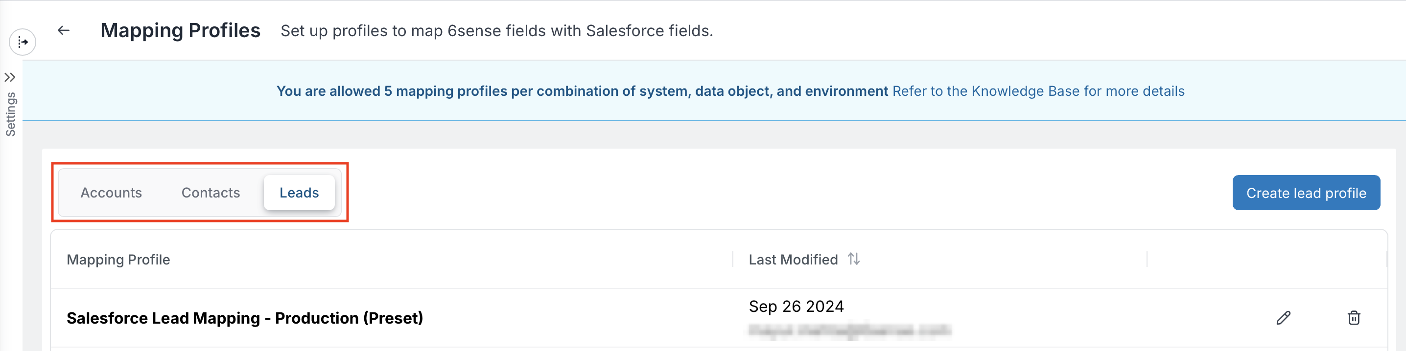 Mapping profiles interface showing Accounts, Contacts, and Leads tabs for Salesforce integration.